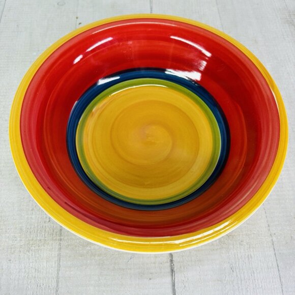 Royal Norfolk MAMBO Greenbrier Yellow Center Rings Stoneware Soup Bowls Set of 4